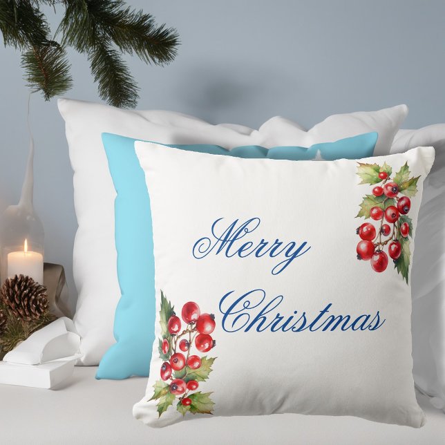 White Winter Holly Berries Merry Christmas Throw Pillow (Creator Uploaded)