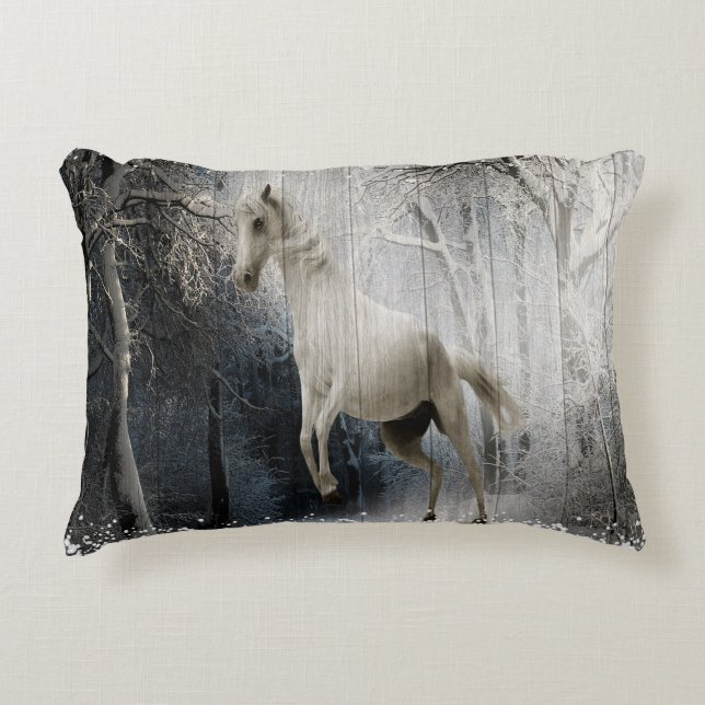 White Winter Horse In Mountain Forest  Accent Pillow (Front)
