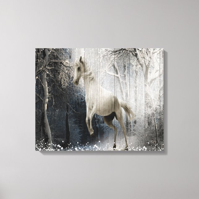 White Winter Horse In Mountain Forest Canvas Print (Front)