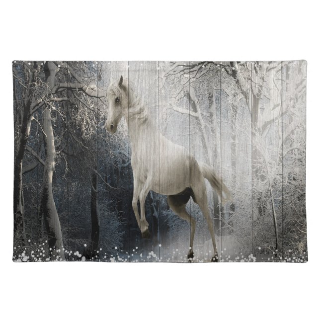 White Winter Horse In Mountain Forest  Cloth Placemat (Front)