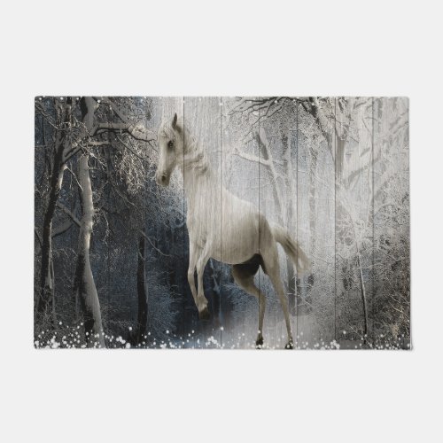 White Winter Horse In Mountain Forest  Doormat