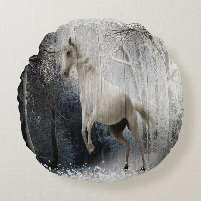White Winter Horse In Mountain Forest Round Pillow (Front)