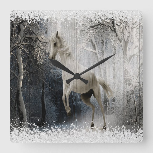White Winter Horse In Mountain Forest Square Wall Clock (Front)