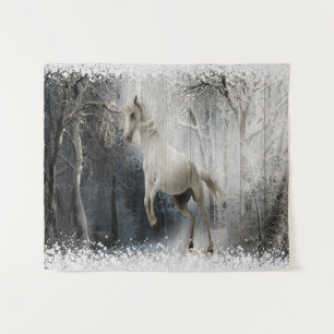 White Winter Horse In Mountain Forest  Tapestry