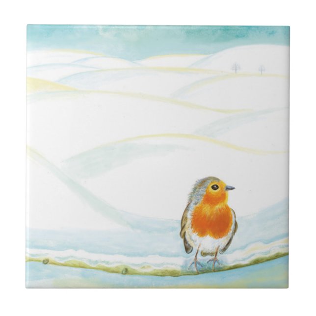 White Winter Landscape Illustration With Robin  Ceramic Tile (Front)