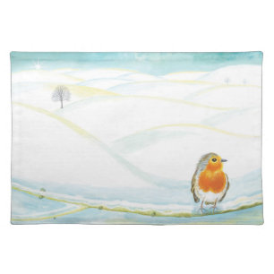 White Winter Landscape Illustration With Robin Cloth Placemat