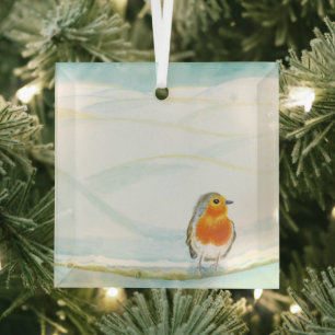 White Winter Landscape Illustration With Robin Glass Ornament