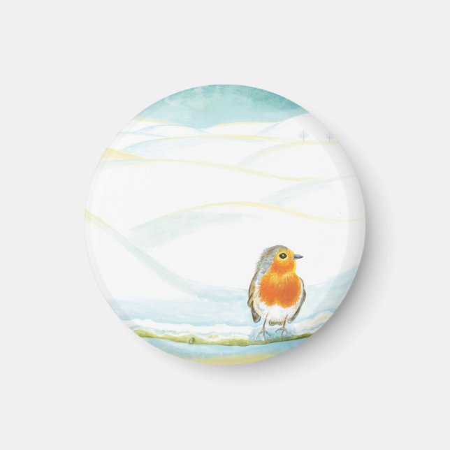White Winter Landscape Illustration With Robin  Magnet (Front)