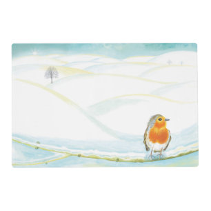 White Winter Landscape Illustration With Robin Placemat