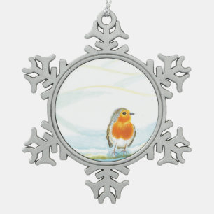White Winter Landscape Illustration With Robin Snowflake Pewter Christmas Ornament