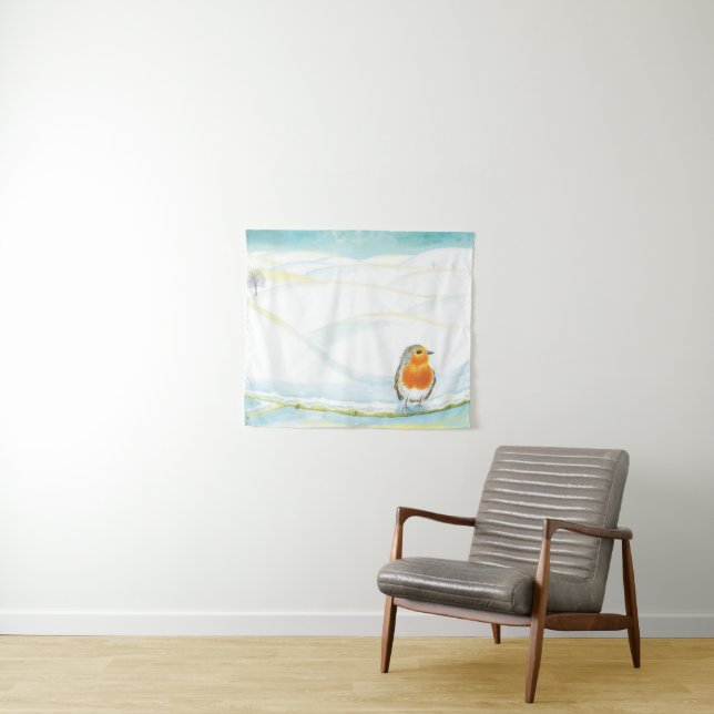 White Winter Landscape Illustration With Robin  Tapestry (In Situ (Horizontal))