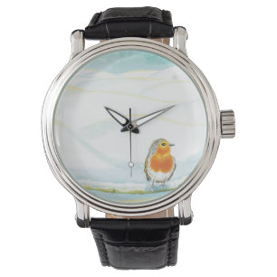 White Winter Landscape Illustration With Robin Watch