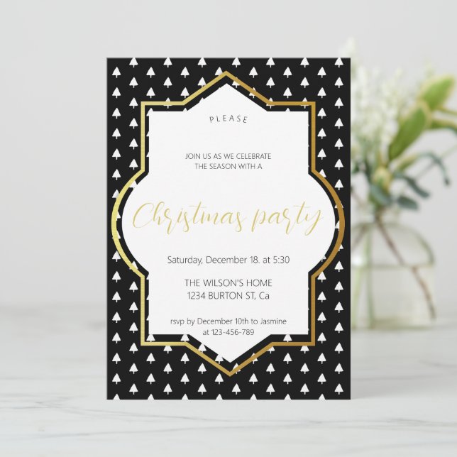 White Winter on Black and Gold Christmas Party Announcement (Standing Front)