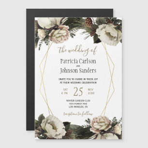 White winter peonies geometric frame wedding magnetic invitation