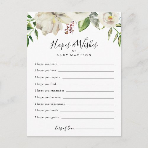 White Winter Peony Baby Shower Hopes  Wishes Card