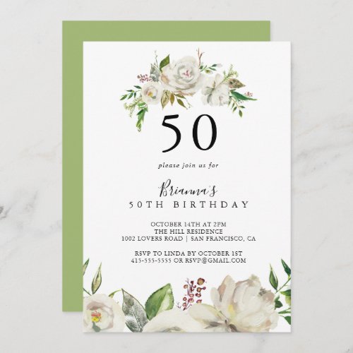 White Winter Peony Floral 50th Birthday Party Invitation