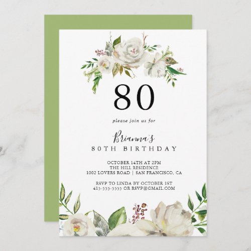White Winter Peony Floral 80th Birthday Party Invitation