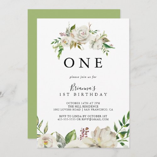 White Winter Peony Floral First Birthday Party Invitation