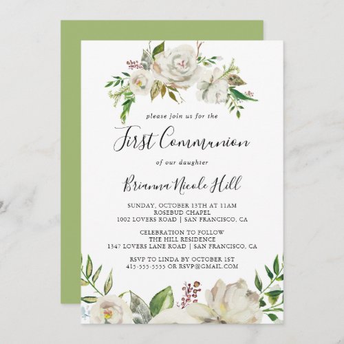 White Winter Peony Floral First Communion Invitation