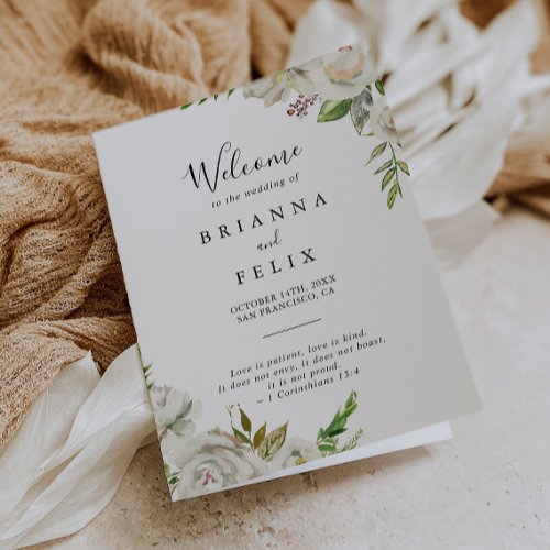 White Winter Peony Floral Folded Wedding Program