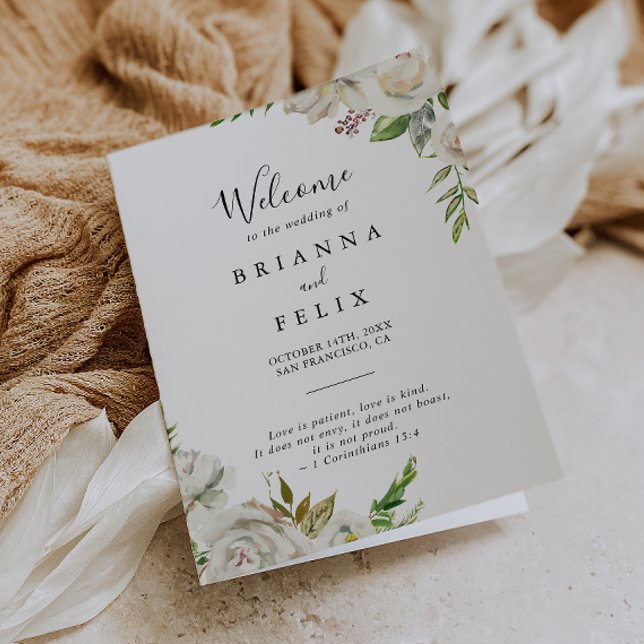 White Winter Peony Floral Folded Wedding Program (Creator Uploaded)