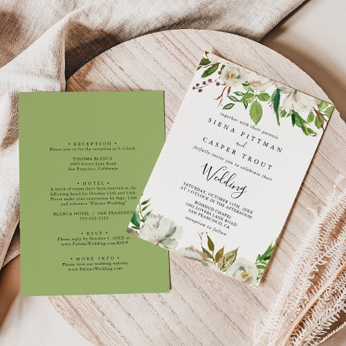 White Winter Peony Floral Front  Back Wedding Invitation