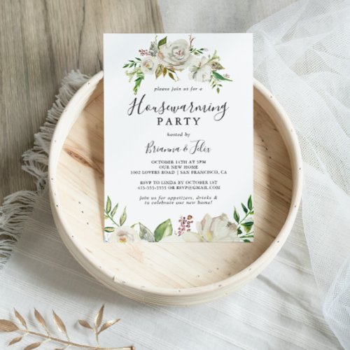 White Winter Peony Floral Housewarming Party Invitation