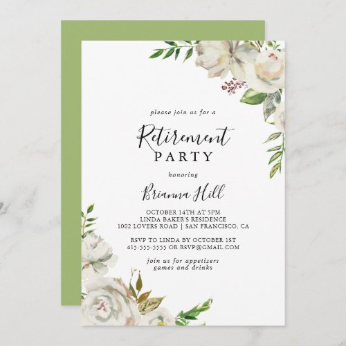 White Winter Peony Floral Retirement Party Invitation