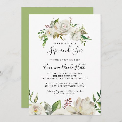 White Winter Peony Floral Sip and See Invitation