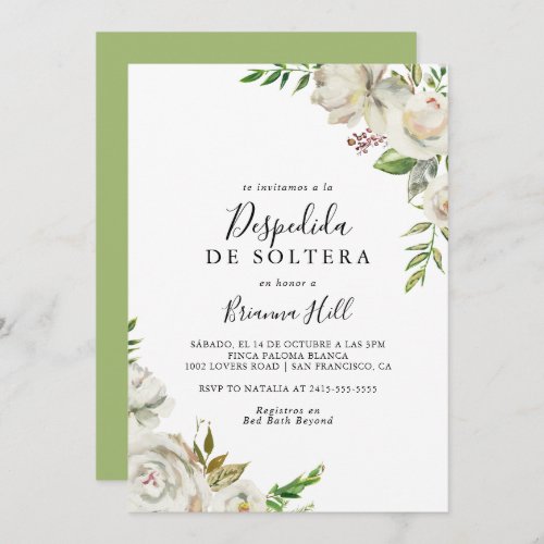 White Winter Peony Floral Spanish Bridal Shower Invitation