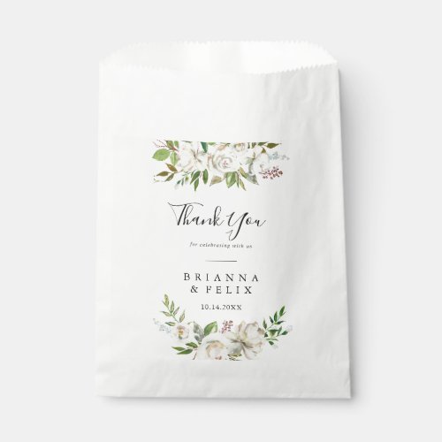 White Winter Peony Floral Thank You Wedding Favor Bag