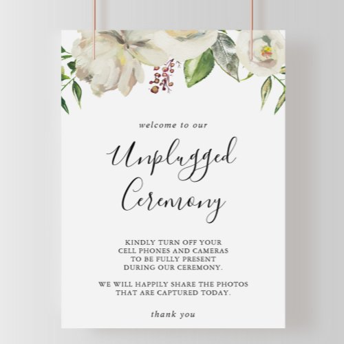 White Winter Peony Floral Unplugged Ceremony Sign