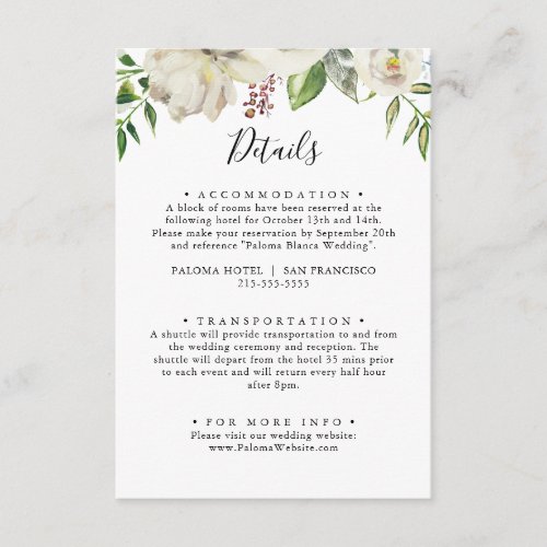 White Winter Peony Floral Wedding Details Enclosure Card