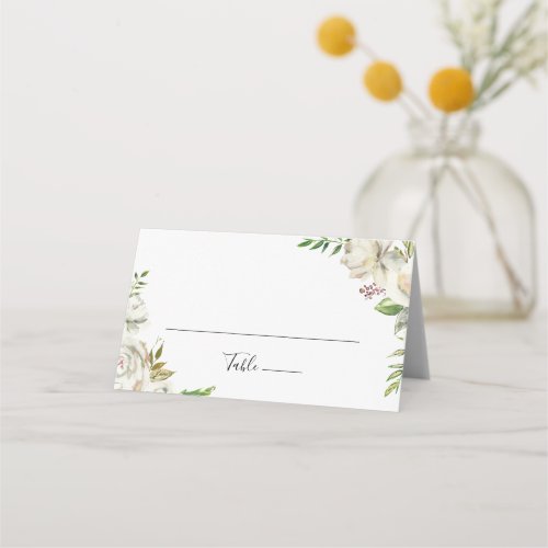 White Winter Peony Floral Wedding Place Card