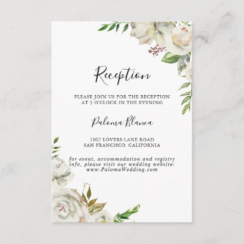 White Winter Peony Floral Wedding Reception Enclosure Card