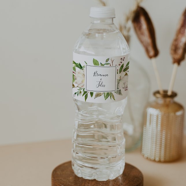 White Winter Peony Floral Wedding Water Bottle Label (Creator Uploaded)