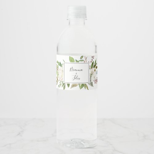 White Winter Peony Floral Wedding Water Bottle Label