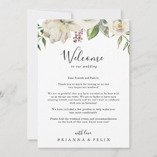 White Winter Peony Floral Wedding Welcome Letter
