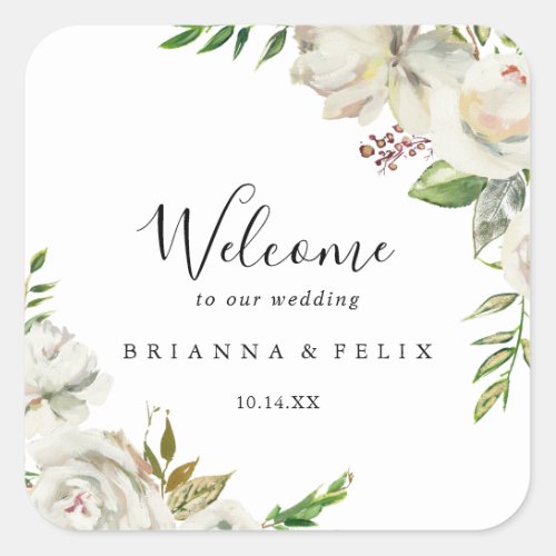 White Winter Peony Floral Wedding Welcome Square Sticker