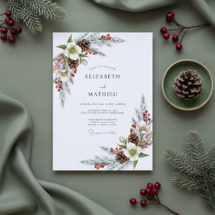 White Winter Pine Bloom Wedding Invitation