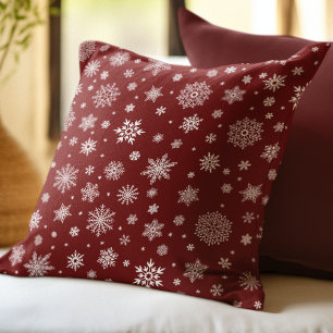 White Winter Snowflake Crimson Red Throw Pillow
