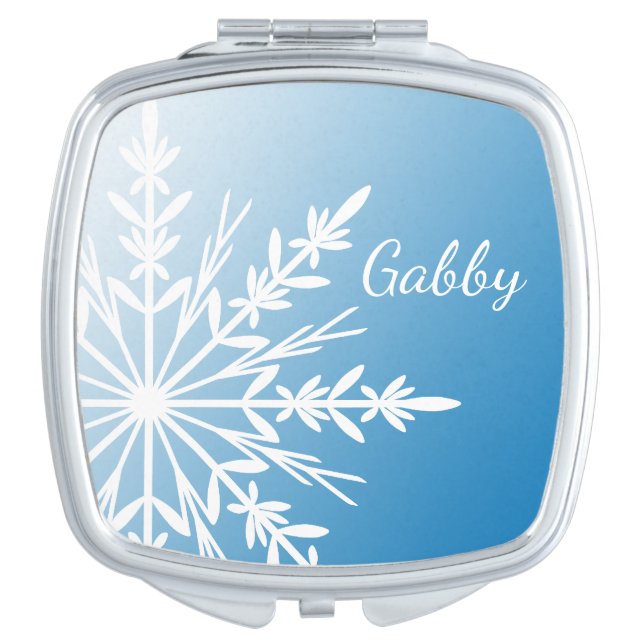 White Winter Snowflake on Blue Makeup Mirror (Front)