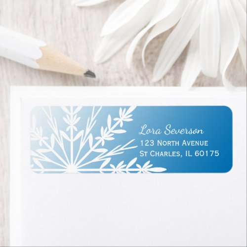 White Winter Snowflake on Blue Return Address Label