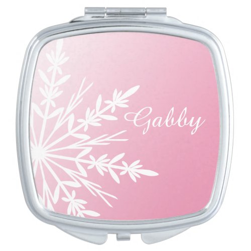 White Winter Snowflake on Pink Compact Mirror