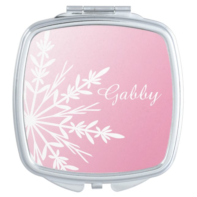 White Winter Snowflake on Pink Compact Mirror (Front)
