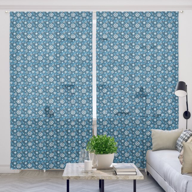 White Winter Snowflake Pattern On Abstract Blue Sheer Curtains (Living Room)