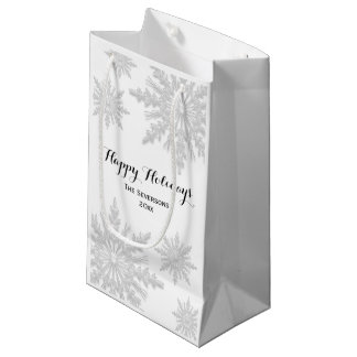 White Winter Snowflakes Happy Holidays Small Gift Bag