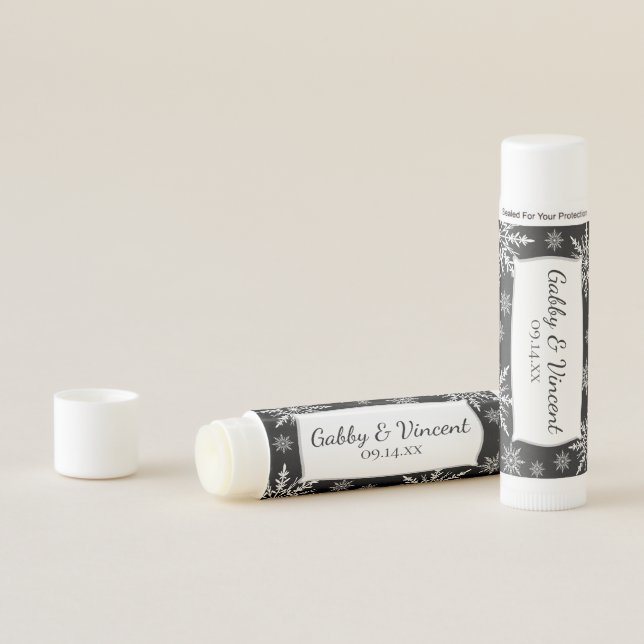 White Winter Snowflakes on Black Wedding Favor Lip Balm (In Situ)