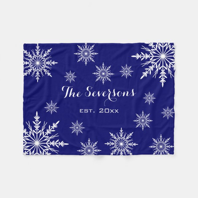 White Winter Snowflakes on Blue Fleece Blanket (Front (Horizontal))
