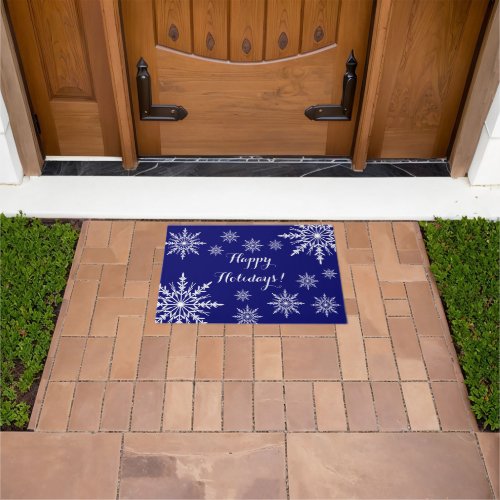 White Winter Snowflakes on Blue Happy Holidays Doormat